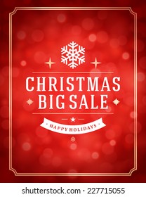 Luz de bokeh de Navidad y fondo vectorial de copos de nieve. Feliz navidad etiqueta de mensaje de gran venta de tarjetas de felicitación diseño o invitación y deseos de vacaciones.