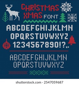 Christmas bold, thin font and numbers. Knit borders, lettering, xmas elements. Sweater colored pattern. Vector ornament with type, snowflake, deer, bell, tree, snowman. Design knitted blue, red print.