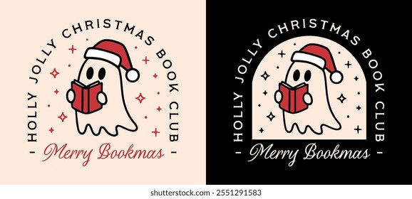 Christmas book club cute ghost reading books lover holly jolly bookish merry bookmas greeting card shirt design. Retro cozy library preppy xmas black and red aesthetic funny quotes printable cut file.