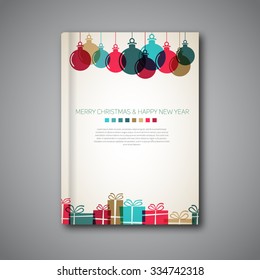 Christmas book cover or flyer template, vintage retro gifts and balls style, simple design