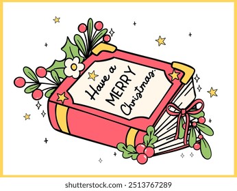 Christmas book doodle Drawn Festive retro bookish Merry Christms for greeting cards, stickers, and shirt designs.