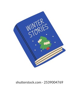 Christmas book with fir tree. Winter reading. Christmas reading. Fairy tails, stories, poetry. Book about winter, Christmas, New year. Vector illustration.