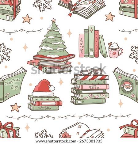 Christmas Book Lover Seamless Pattern, Xmas Tree Books Fabric Design Vector