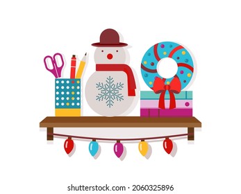 Christmas book shelf with festive decorations, such as Xmas wreath, garland and snowman.