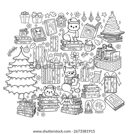 Christmas Bookish Collection Outline Vector, Cozy Winter Reading, Cute Christmas Books Coloring Page Hand Drawn Design