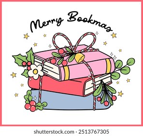 Christmas bookish reading doodle Festive retro stack book gift for greeting cards, stickers, and shirt designs.