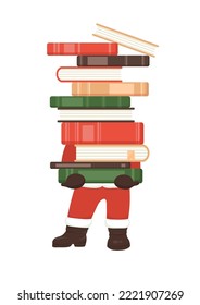 Libros de Navidad. Santa Claus sostiene un montón de libros. Navidad, ilustración vectorial de lectura de Año Nuevo aislada en fondo blanco. Historia de Navidad.