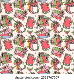 Weihnachtsbücher Nahtloses Muster Groovy Retro Festive Doodle Vibrant Colors einzeln auf Hintergrund