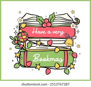 Libros de Navidades Doodle de pila dibujado Festive retro bookish para tarjetas de felicitación, pegatinas y diseños de camisa.