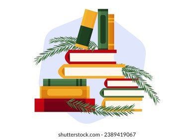 Libros de Navidad con ramas de árboles de Navidad. Me gusta leer. Cuentos de hadas e historias sobre Año Nuevo. Vector