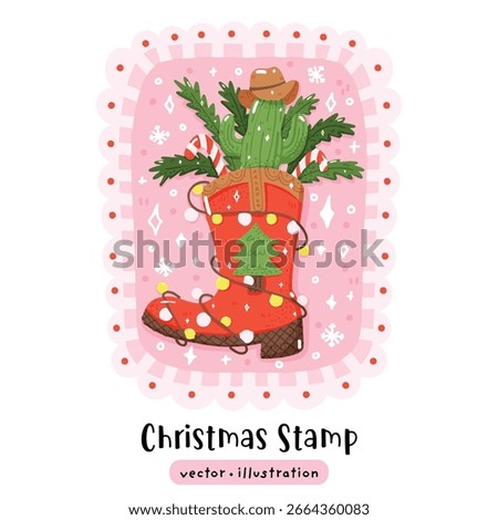 Christmas boot with cactus, leaf and candy cane in stamp postal mail vector illustration