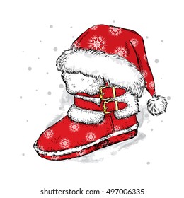 Christmas boot and cap. Vector illustration for greeting card, poster, or print on clothes. Christmas and New Year.