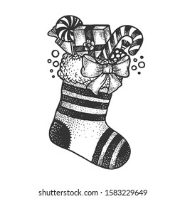 Christmas boot with gifts sketch engraving vector illustration. T-shirt apparel print design. Scratch board style imitation. Black and white hand drawn image.