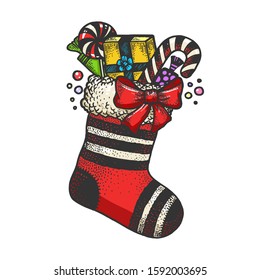Christmas boot with gifts sketch engraving vector illustration. T-shirt apparel print design. Scratch board style imitation. Black and white hand drawn image.