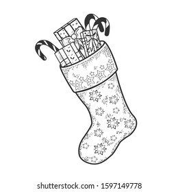 Christmas boot with gifts sketch engraving vector illustration. T-shirt apparel print design. Scratch board style imitation. Black and white hand drawn image.