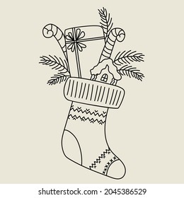 Christmas boot. Gingerbread house, caramel candies, new year gift and christmas tree. Vector illustration sketch. linear drawing outline. For New Year cards, greetings, prints.