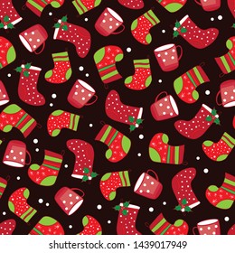 Christmas boots and cups on the black seamless background