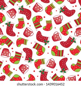 Christmas boots and cups on the seamless background
