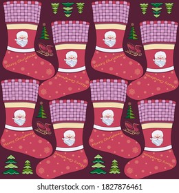 Christmas boots on a burgundy background with images of trees and sleighs. Textile composition, template for design print, fabric, wallpaper and box.