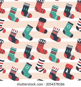 Christmas boots, seamless pattern. For fabric, wrapping paper and other decoration. Vector illustration