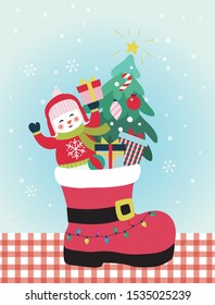 Christmas boots with snowman and christmas tree with gift box.Vector illustration.Christmas card.