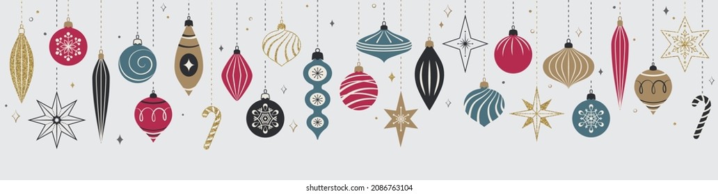 Christmas border with balls, stars, snowflakes. Christmas and New Year banner. Xmas decoration. Vector illustration. Template for website banner.