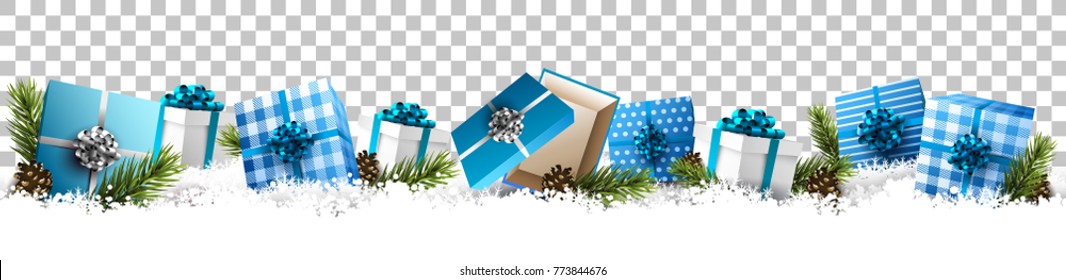 Christmas Border - Blue Gift Boxes In The Snow. Seamless Pattern