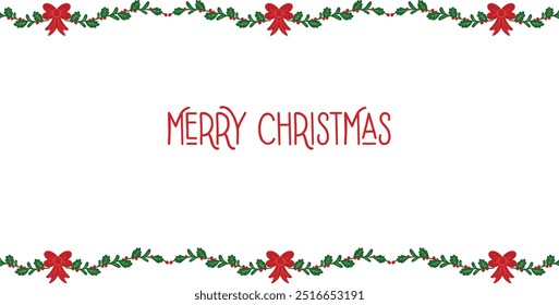 Christmas border with branches and ribbon elements on white background. Bright Christmas design in red, green and white