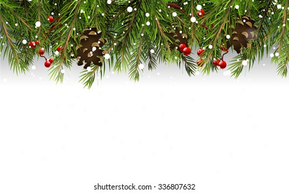 Christmas Border With Branches,pinecones And Berries On White Background