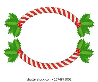 Christmas border with candy cane and Holly leaves. Candy cane empty frame with holly berries. Isolated on white background. Holiday design, decor. Vector illustration. Eps 10
