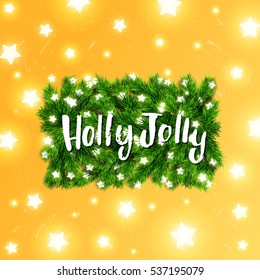 Christmas border Card design  with Glowing star Lights. Hand drawn calligraphy. concept handwritten Holly Jolly 