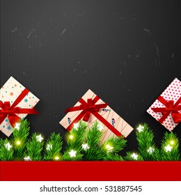 Christmas border Card design. Happy new year xmas Color vector gift box, bows and ribbons. Glowing Lights   