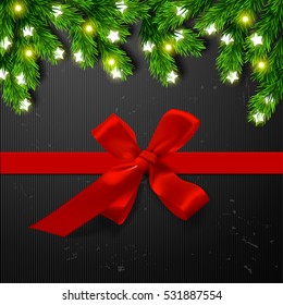 Christmas border Card design. Happy new year xmas with red bows and ribbon and Glowing Lights  