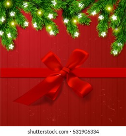 Christmas border Card design. Happy new year xmas with red bows and ribbon and Glowing Lights   