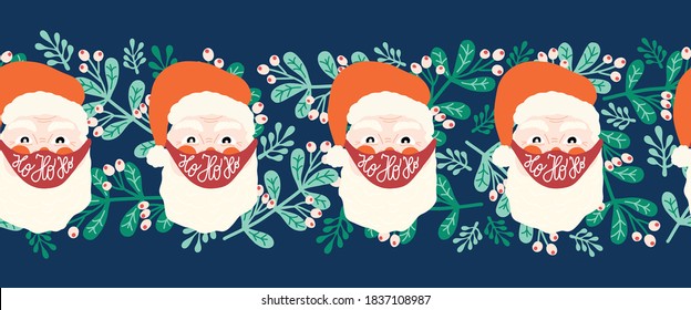 Christmas border Coronavirus seamless. Santa Claus wearing a protective face mask against Covid horizontal vector pattern. Merry Christmas 2020 during pandemic. Holiday decor. Xmas. New Year 2021