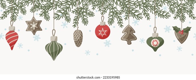 Christmas border with cute and cozy winter holiday design elements. Horizontal seamless pattern with hanging decorations, Christmas tree branches and snowflakes. Vector illustration in flat style