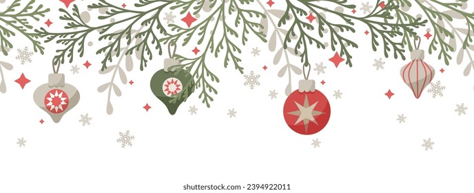 Christmas border with cute hanging decorations, Christmas tree branches and snowflakes.  Horizontal seamless pattern with winter holiday design elements. Vector illustration