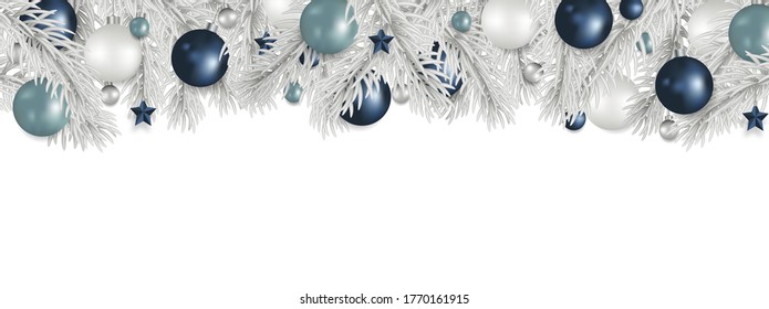 Christmas Border Decoration With Fir Branches, Christmas Balls, And Stars. Garland Decor Banner. Xmas Background. Frame Holiday. Vector Illustration.