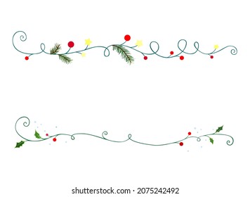 Christmas border decoration. Winter decorations and text dividers. Winter berries snowy twig. Winter nature vines and branch ornaments. Christmas decoration with stars, berries, pine branch and holly.