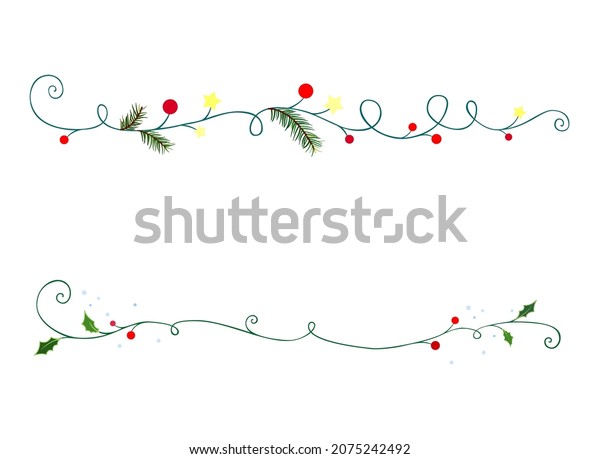 Christmas border decoration. Winter decorations\
and text dividers. Winter berries snowy twig. Winter nature vines\
and branch ornaments. Christmas decoration with stars, berries,\
pine branch and\
holly.