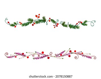 Christmas border decoration. Winter text dividers. Winter berries, pine branches and winter heather plant. Christmas nature vines and branch decorations. December red plant.