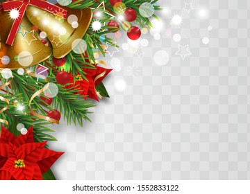 Christmas border decorations with fir branches, golden bells, Christmas flowers poinsettia, holly berries and decorative ribbons. Design element for Xmas or New Year on transparent background. Vector