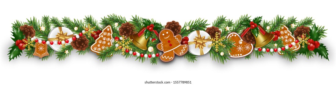 Christmas border decorations garland with fir branches, gingerbread cookies, golden bells, holly berries and cones. Design element for Xmas or New Year on white background. Vector illustration.