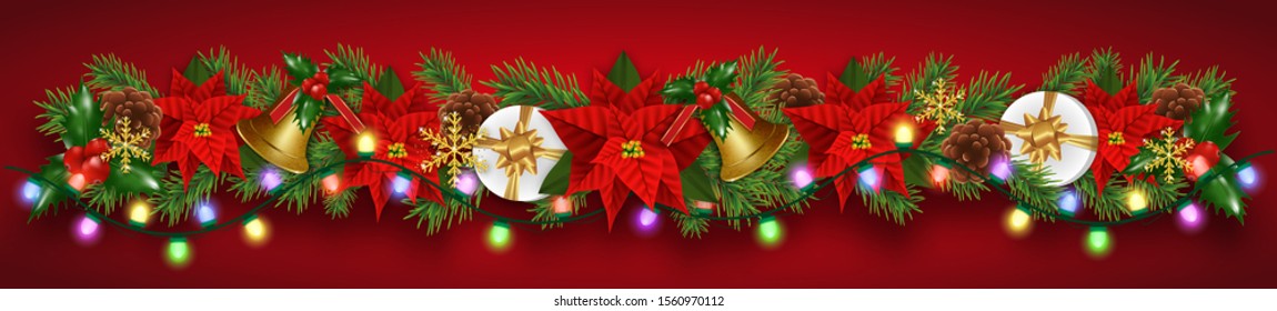 Christmas border decorations garland with fir branches, Christmas flowers poinsettia, golden bells, holly berries and gifts boxes. Design element for Xmas and New Year card on red background. Vector