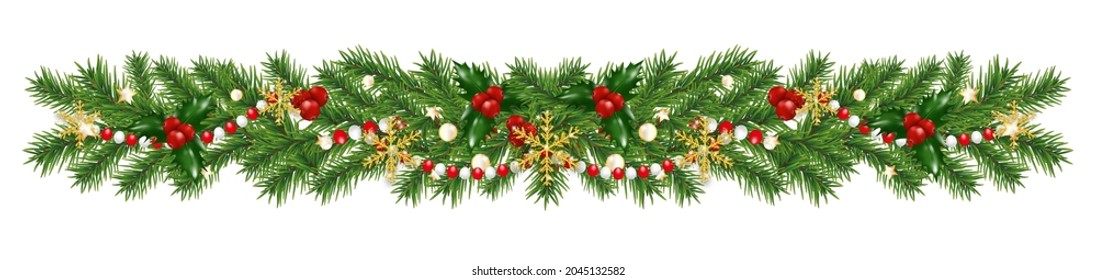 Christmas border decorations garland with fir branches, golden snowflakes, holly berries and beads. Design element for Xmas or New Year on white background. Vector illustration.