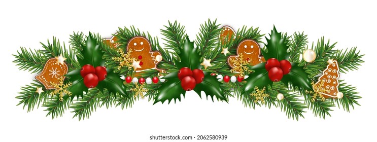 Christmas border decorations garland with fir branches and gingerbread cookies, holly berries, golden snowflakes and beads. Design element for Xmas or New Year on white background. Vector