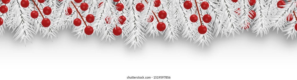 Christmas border decorations with white branches fir and holly berries. Design element for Xmas and happy New Year. Vector illustration.