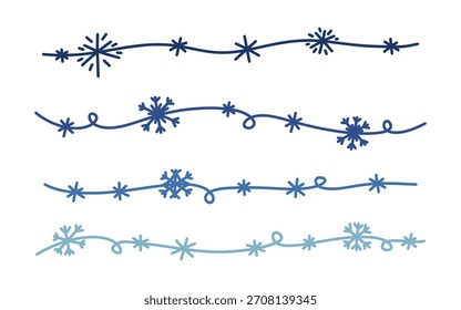 Christmas border and divider made of doodle lines decorated with snowflakes. Simple, festive, and cute vector element for winter, holiday, and Christmas, New Year design projects. Snowflakes dividers.
