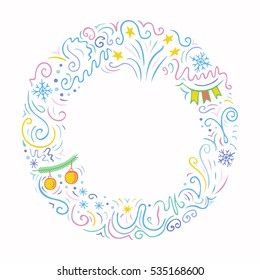 Christmas border. Doodle style line drawing round frame. Xmas and New Year celebration details. Copy space. Vector illustration.