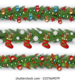 Christmas border element set - green fir tree branches decorated with stockings, stars, baubles and berries isolated on white background - holiday decoration vector illustration.